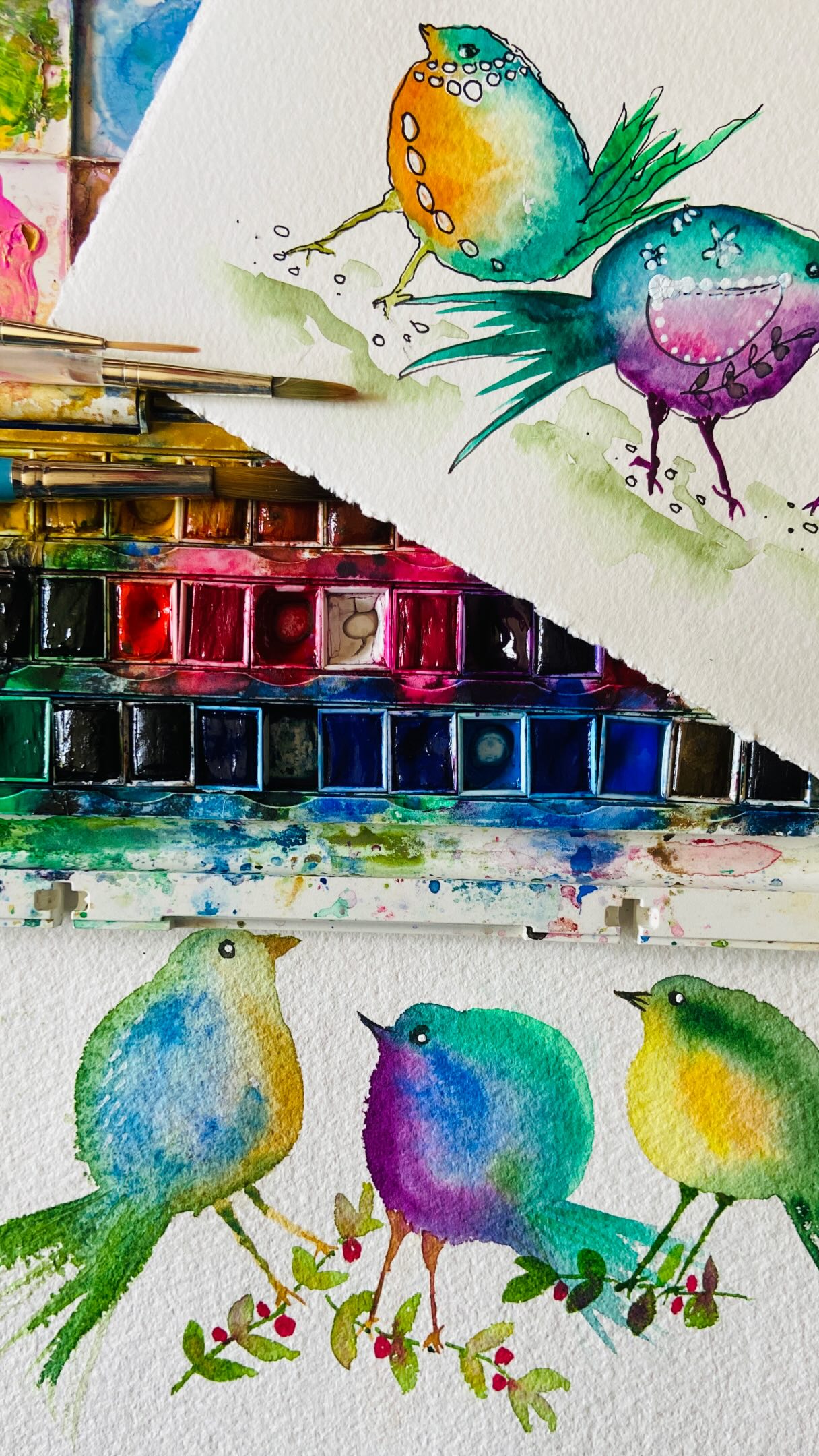 Week 4 of our Exploratory & Playful Watercolours and Inks course at @oncoursesw and what a delight! 🎨

This week we explored whimsical birds, allowing watercolour to flow, fuse and bloom across the paper before bringing each little character to life with a few simple marks. It’s always wonderful to see how the same starting point leads to completely unique creations, each one full of personality and charm.

I’m continually amazed by what everyone has achieved over these past four weeks. Watching confidence grow as students embrace experimentation has been such a joy.

One final session next week… I can’t wait to see what everyone creates to finish the course! 💙