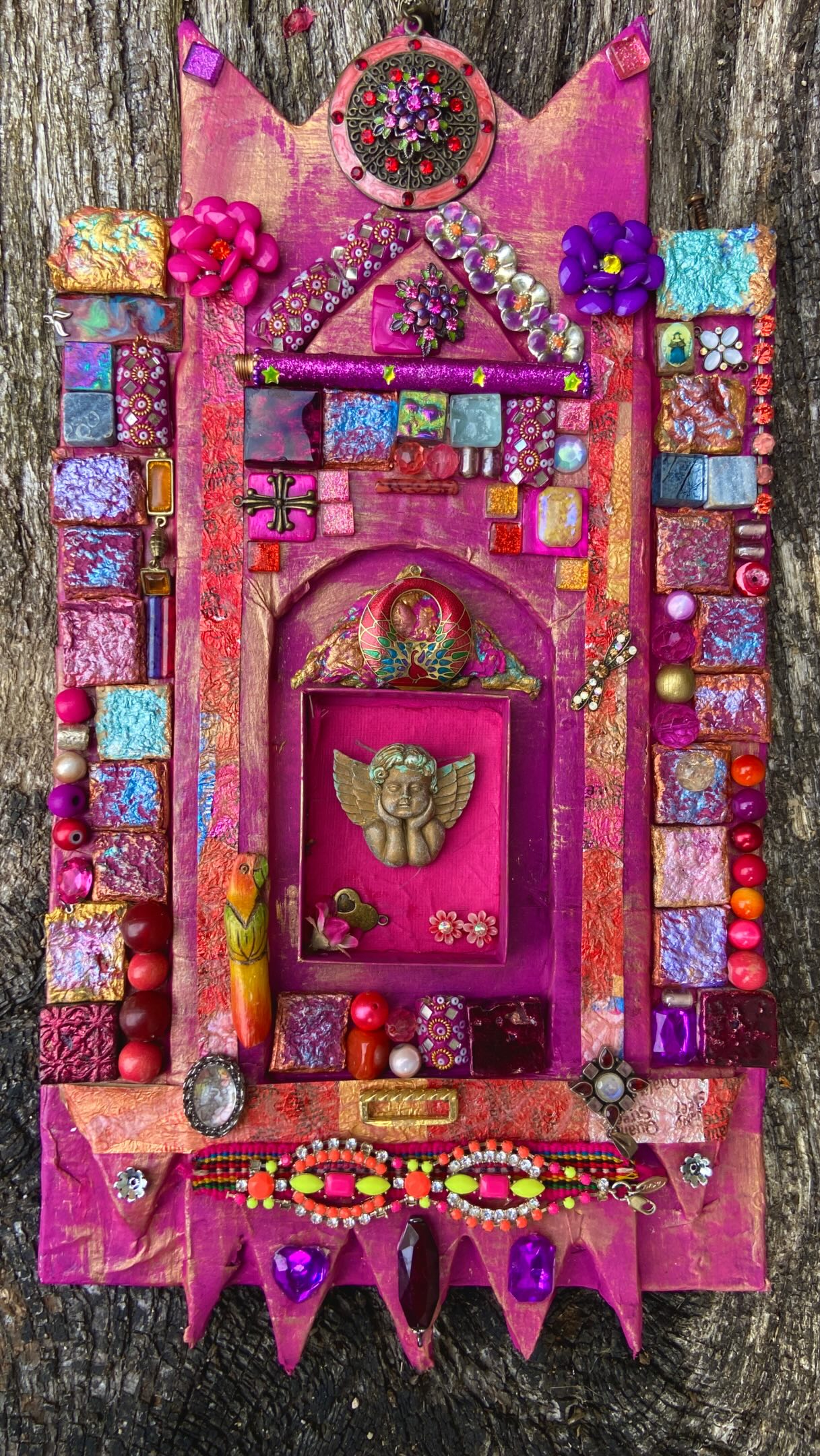 Marrakech Reliquary

A little shrine to colour, memory and the sensory overload of Marrakech.

Inspired by my travels in Morocco, this mixed media piece grew into a kind of contemporary reliquary - layered with colour, tiny treasures, fragments, beads, old jewellery, texture and found objects.

I absolutely loved Marrakech - the intense pinks and reds, intricate decoration, bustling souks, glints of metal and jewels, and that wonderful feeling that everywhere you look there is another detail to discover.

I wanted this piece to have that same sense of abundance - slightly chaotic, richly decorated and full of little surprises. 

A little piece of Marrakech, gathered and reimagined. 💗 A workshop to follow ! DM me if you want to be added to my mailing list :)

#marrakesh #assemblage #upcycling #papiermaché #mixedmedia artwork