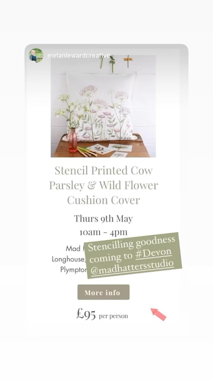 Delighted to have @melaniewardcreative visiting the studio in May- running 2 different workshops. Click on link in bio for more details. @whats.on_plymouth @visitsouthdevon 
-
-
-
-
-
#workshops #stencil #printdesign #handmadecrafts #make #homedecoration #homeideas #design #craft #timeout #metime💕 #printmakingart #paintingonfabric @weareplym @visitplymouth @visitsouthdevon